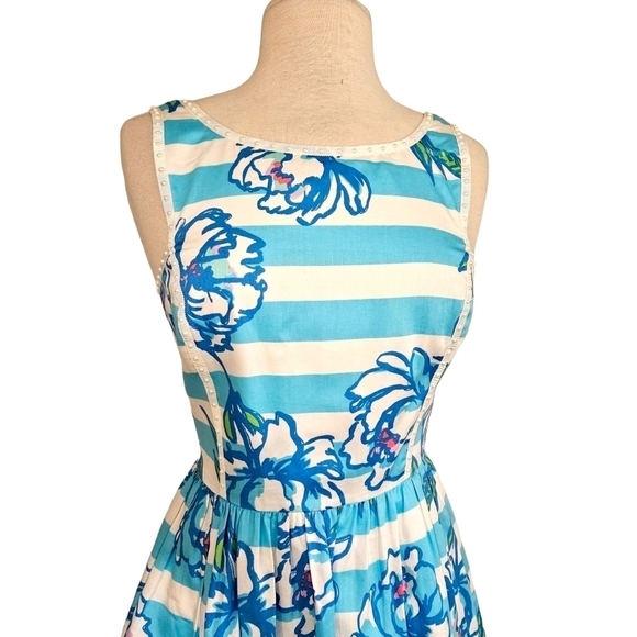 Lilly Pulitzer Shorely Blue Striped Sandrine Fit & Flare Pearl Lined Dress - Picture 3 of 8
